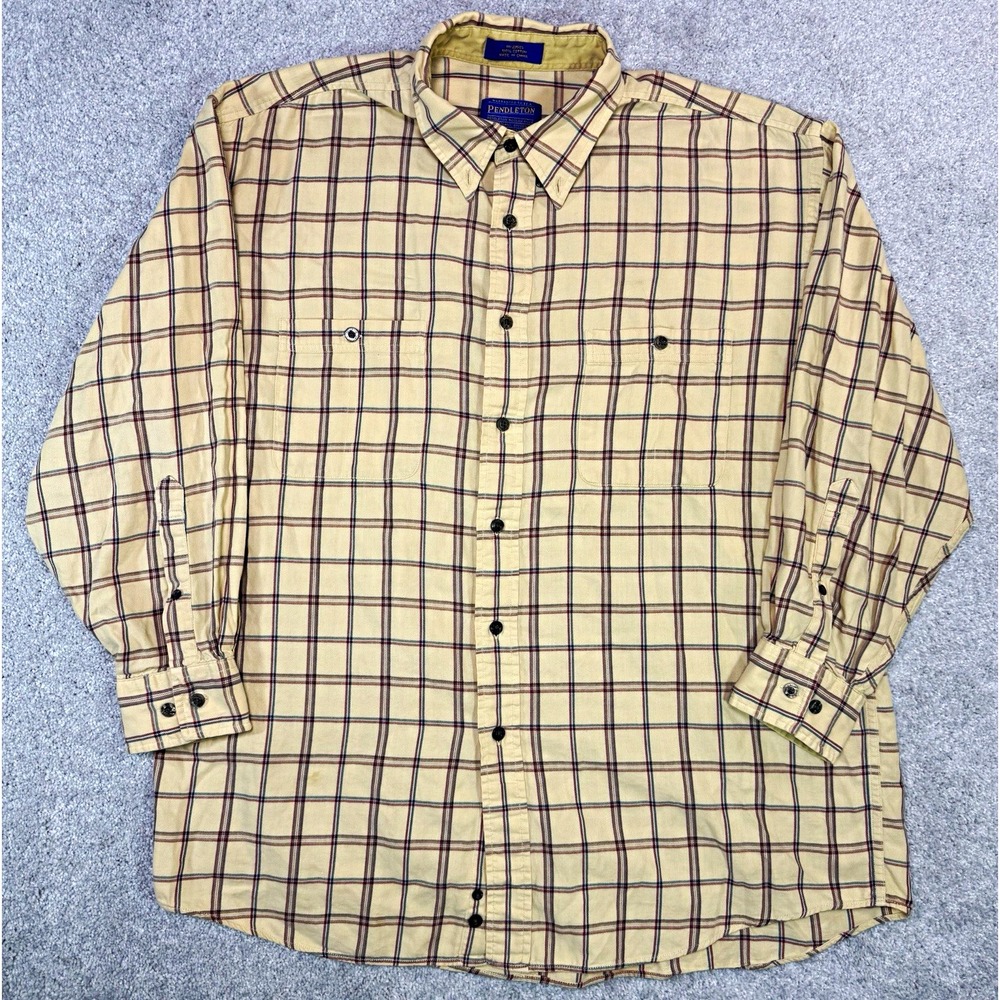 Pendleton Mens Shirt Large L Beige Tan Plaid 100% Cotton Long Sleeve Button Down